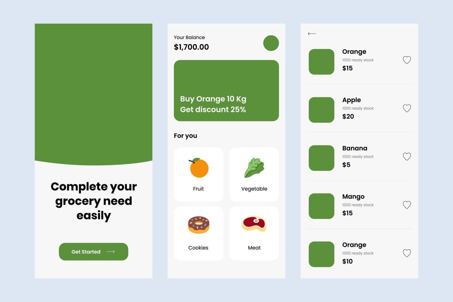 Simple design application grocery mobile app UI Kit. android and ios user interface design vector