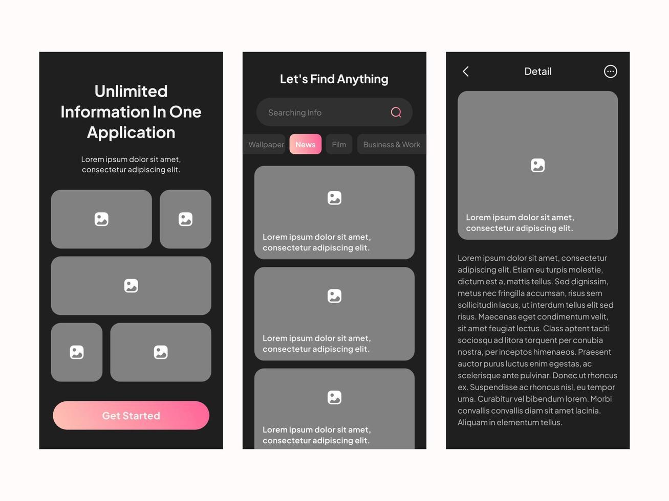 Clean UI UX design dark mode template vector. Suitable for mobile application streaming movies, food delivery, traveling, and grocery. vector