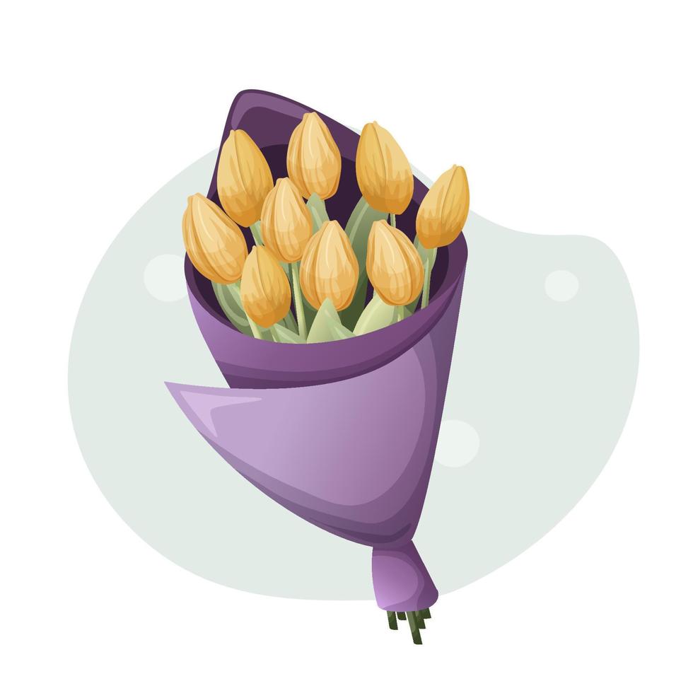 primavera ilustración concepto. ramo de flores de amarillo tulipanes en púrpura embalaje. vector. dibujos animados estilo vector