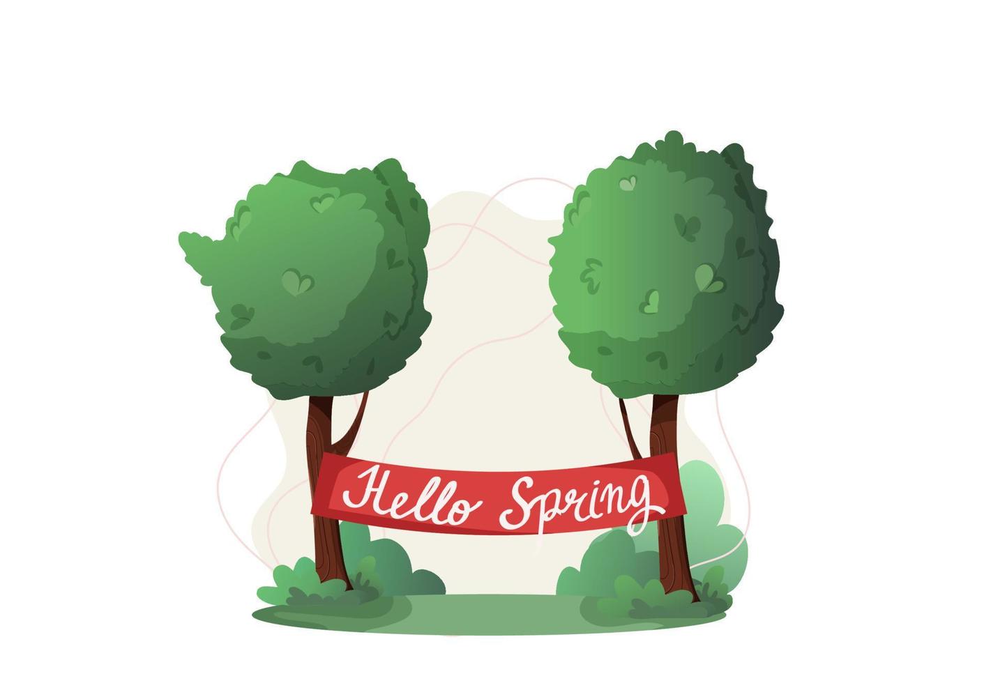 green trees in the park with hello spring ribbon. spring illustration concept. vector. vector