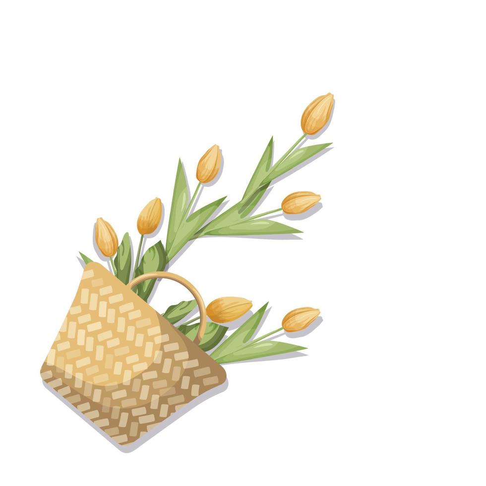 spring illustration concept. yellow tulips in a wicker bag. vector. cartoon style vector