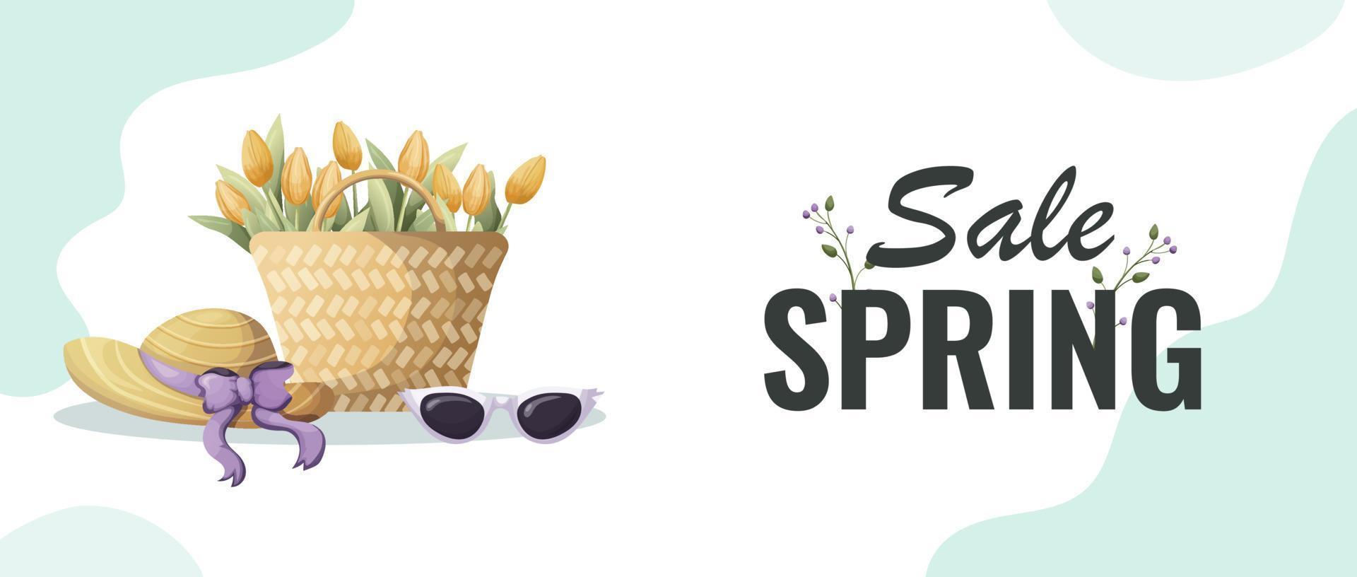 Fashion promotion banner template with floral elements. spring flowers, tulips, leaves. suitable for social networks, postcards, banners, web. vector