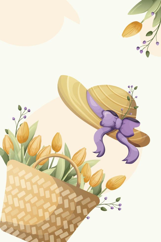 trendy spring illustration with flowers, tulips, leaves, bag, vector. cartoon, flat style. for print, web design, advertising, event, invite vector