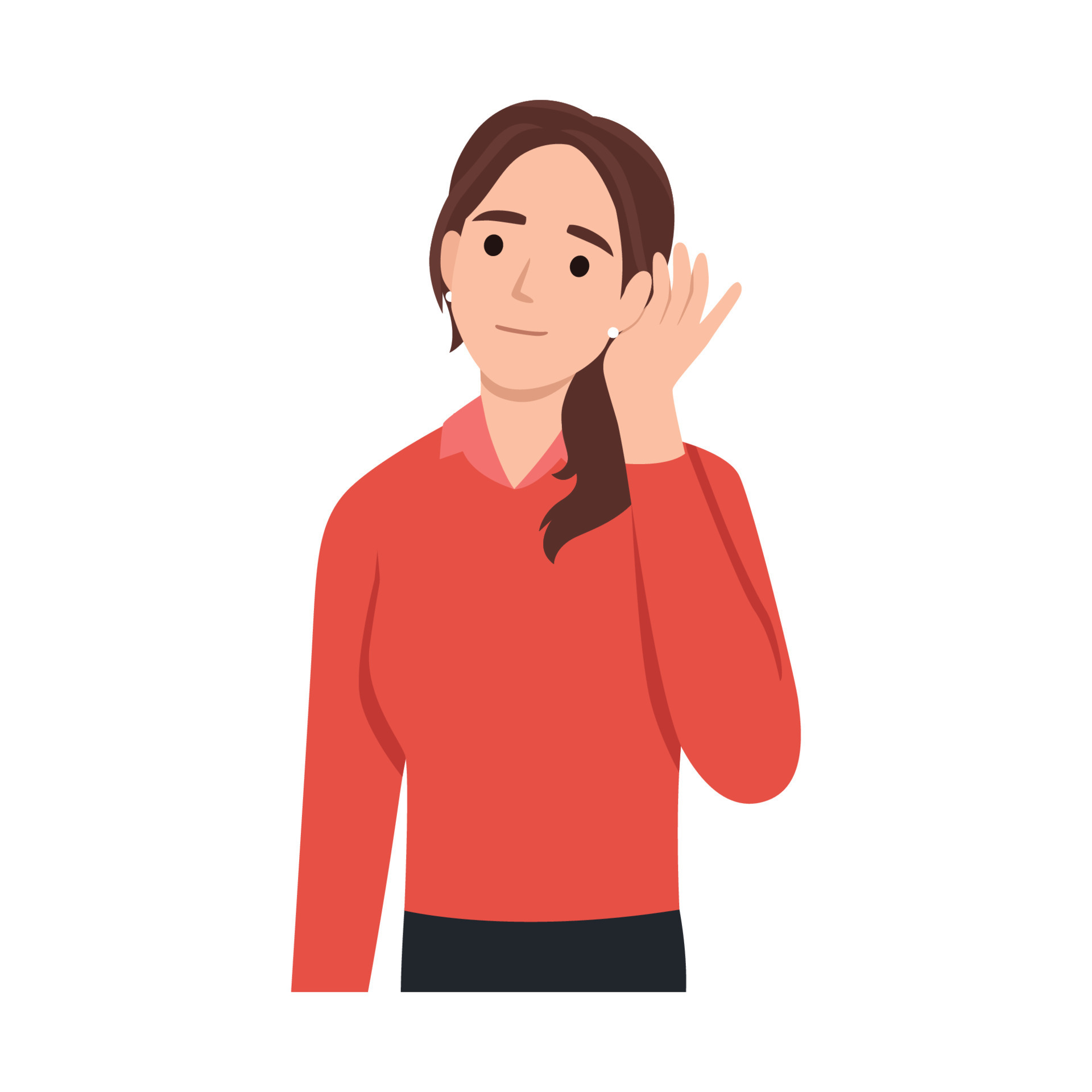 Cartoon character of woman listening to gossip or hearing news. Flat