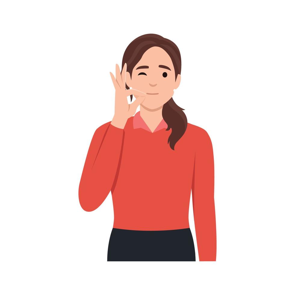 Beautiful young woman showing okay, perfect, zero, well, good sign with gesture, isolated over white background. Facial expression with hand gesture for delicious food vector