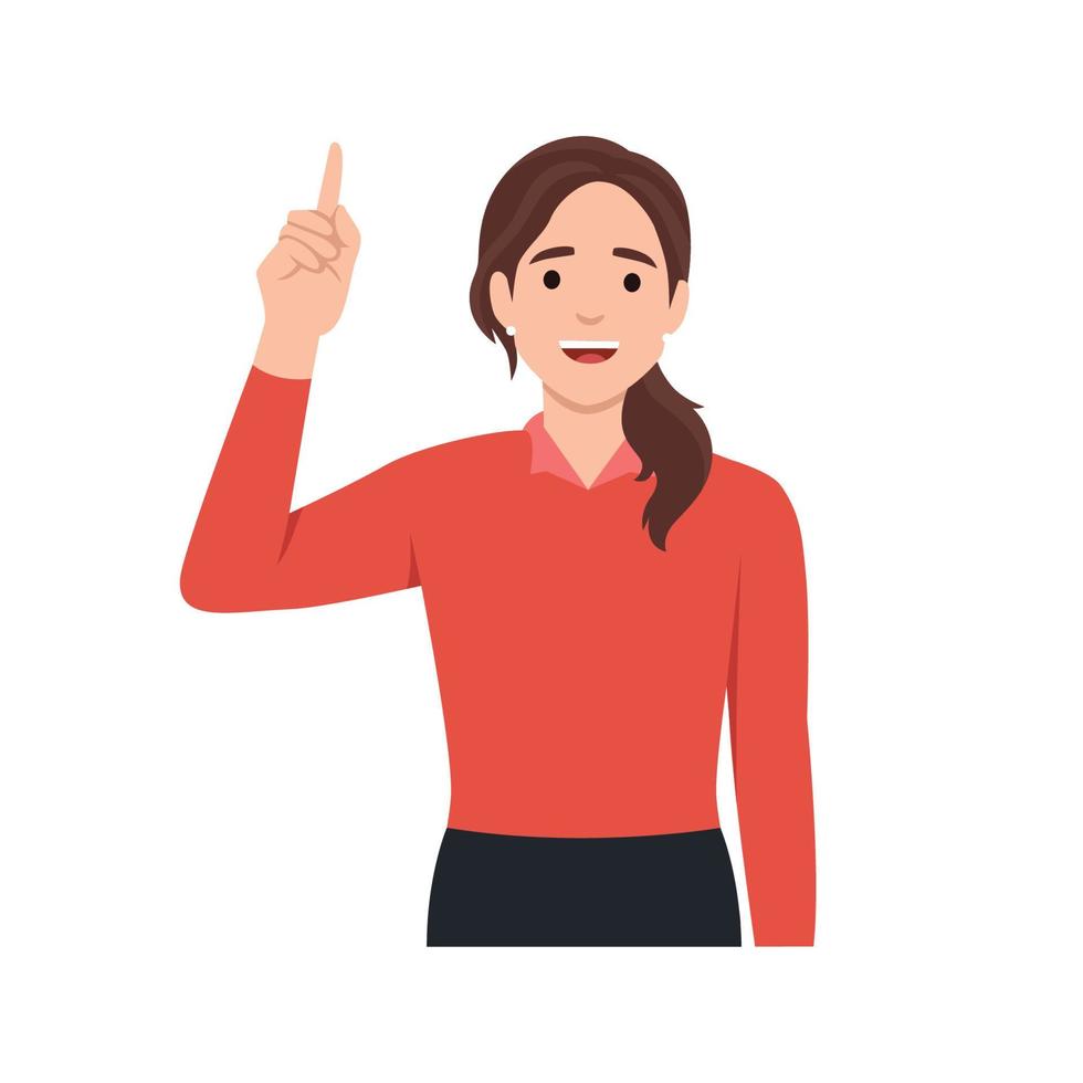 Young trendy woman pointing finger up. Happy stylish girl showing index finger. Female character illustration design. New idea, innovation, solution. Modern lifestyle vector