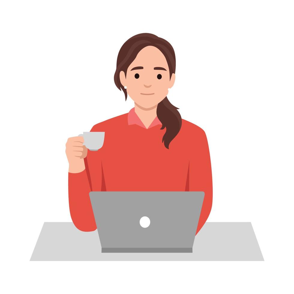 Girl work at laptop pc drinking coffee at workplace. Young female freelancer work at project outdoors at coworking space, coffee shop. Freelance occupation concept vector