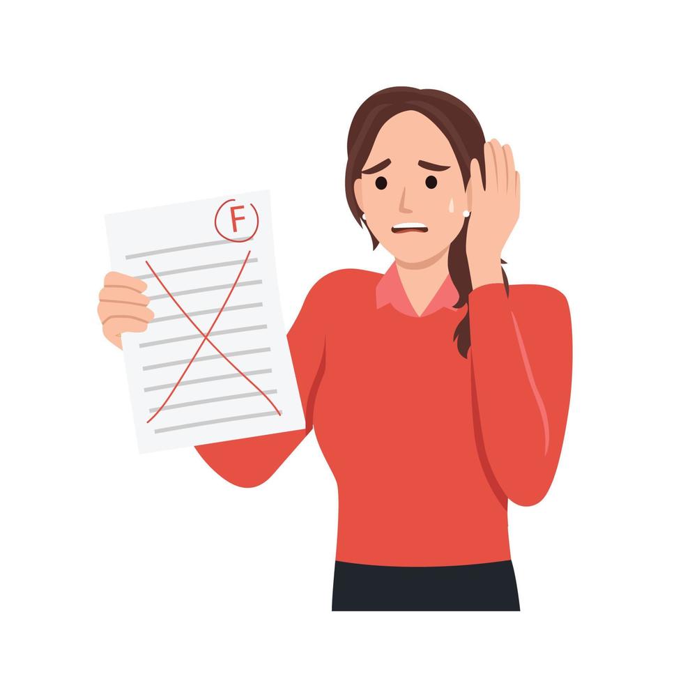 Girl holding paper sheet with grade on it. Girl standing with grade F. Idea of education and learning. Sad female with bad grade vector