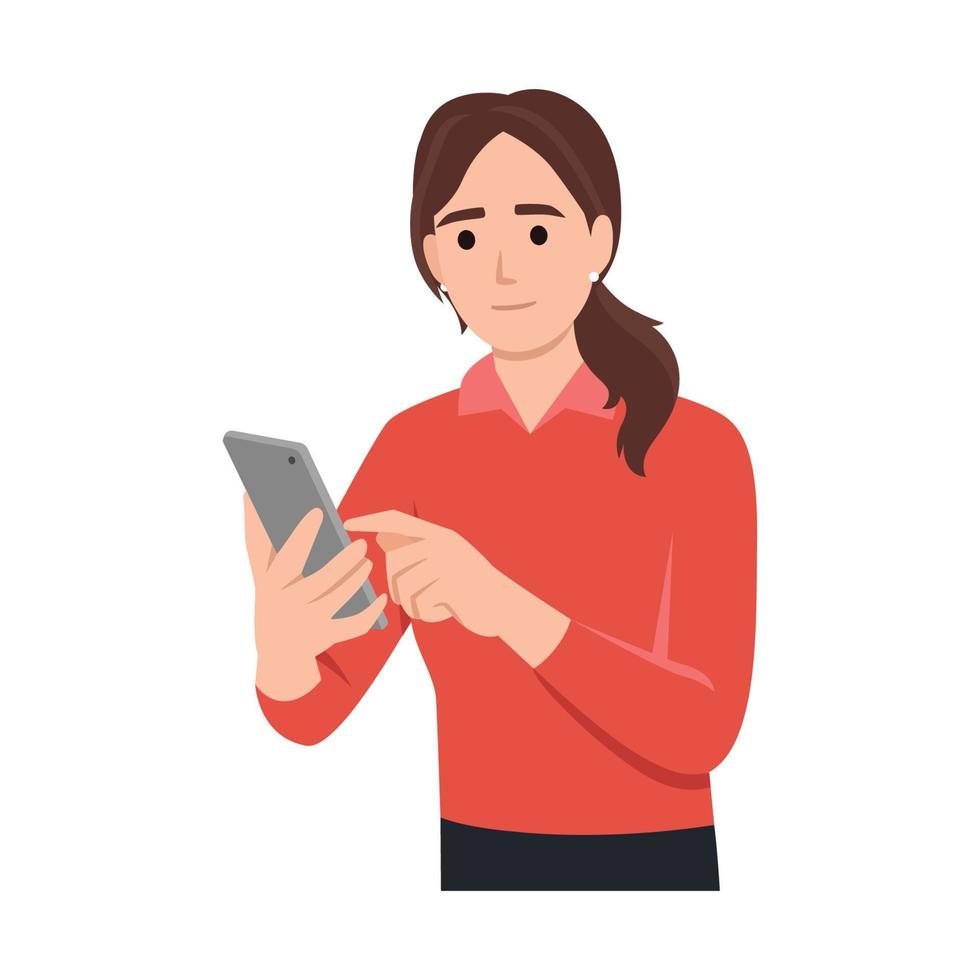 People with phone. A woman is typing a message on the phone. The girl is holding a smart phone in her hands. Vector image.