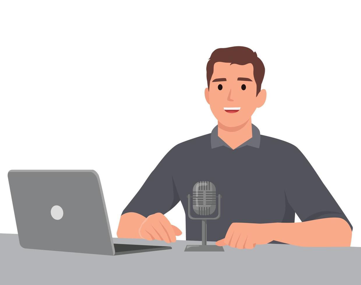 podcast concepto ilustración. masculino podcaster hablando a micrófono grabación podcast en estudio. concepto de Internet en línea radio vector