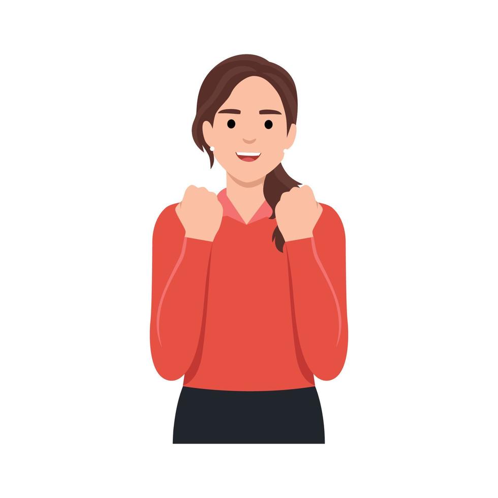 Trendy girl showing success gesture with raised hand fist. Young woman celebrating victory symbol with arms. Female character illustration design vector