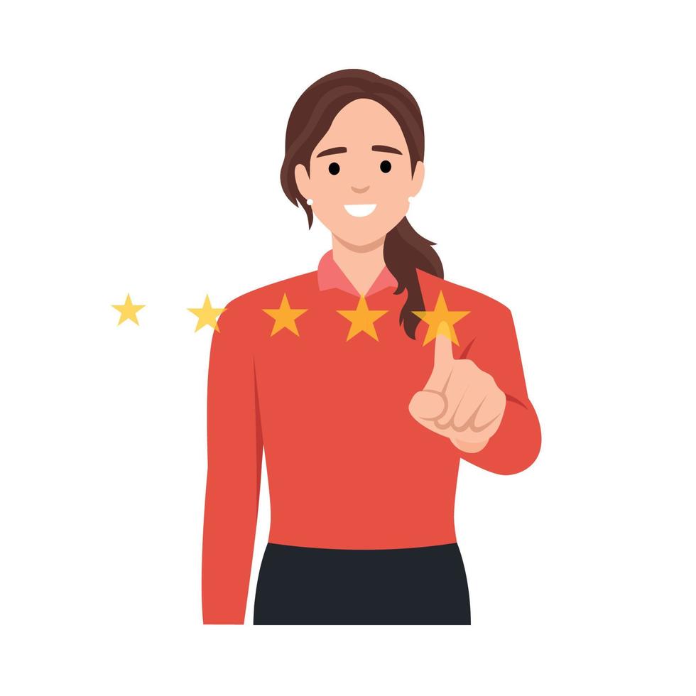 Customer feedback review with give 5 star rating. Customer woman review and user rating five stars from dialog box in the application vector