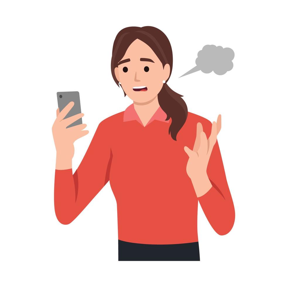 Anger frustration confusion concept. Nervous girl looking at smartphone screen. Furious teenager irritated with phone malfunction. Mad woman angry with bad message vector