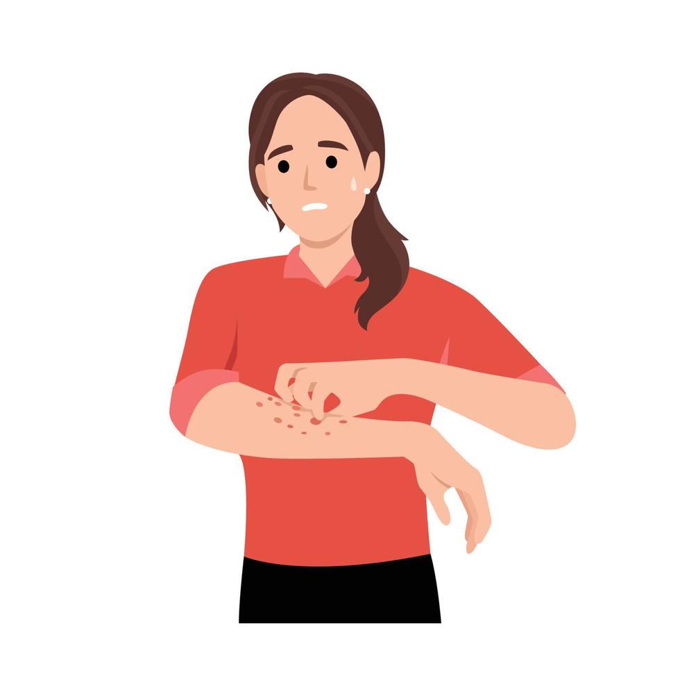 Unhappy suffering woman scratching the skin on her hand. Various skin problems, such as allergies, psoriasis, itching, atopic dermatitis, eczema, dryness, redness. Virus disease and eczema concept vector