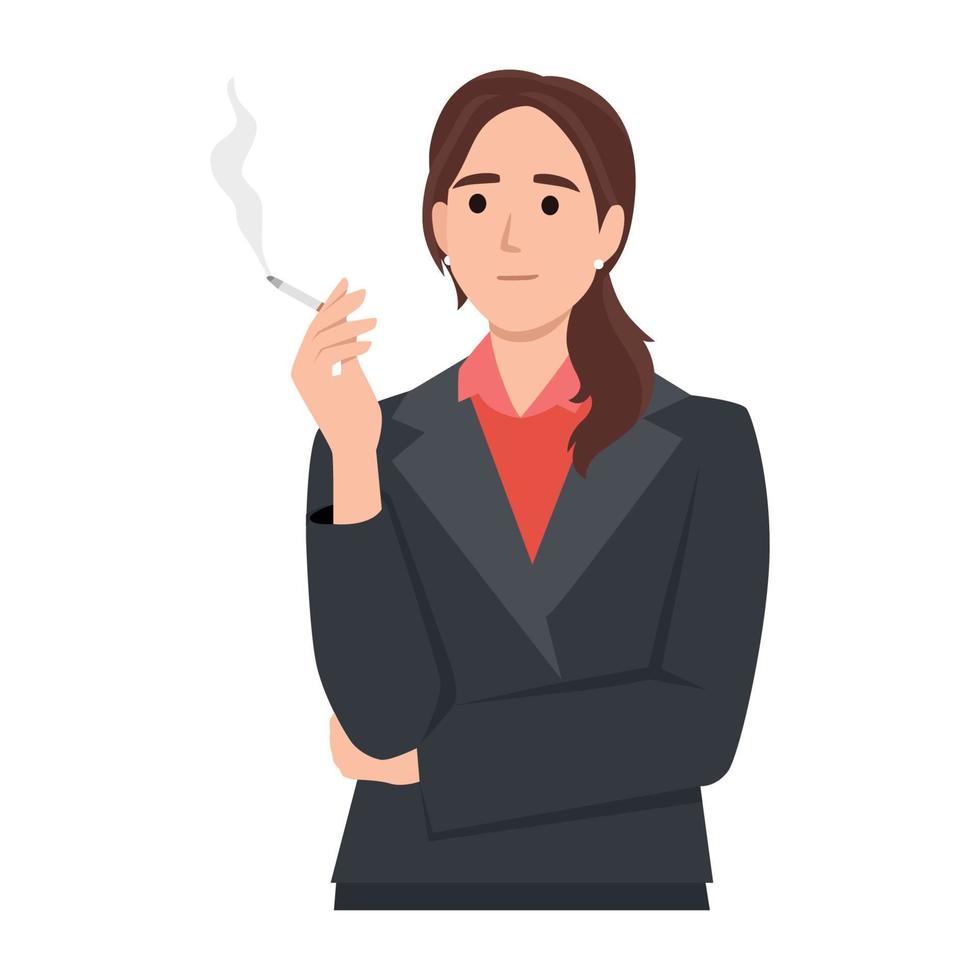 negocio mujer de fumar cigarrillo a lanzamiento estrés. plano vector ilustración aislado en blanco antecedentes