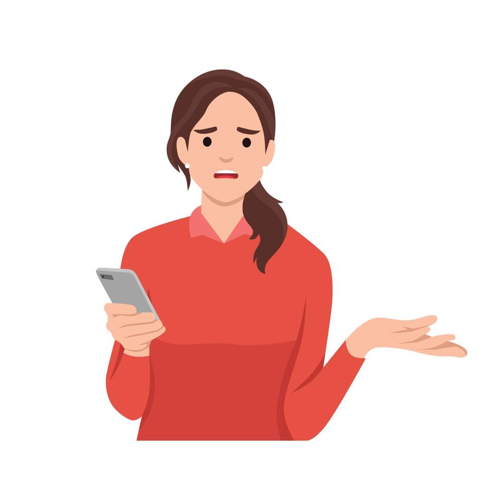 Anger frustration confusion concept. Nervous girl looking at smartphone screen. Furious teenager irritated with phone malfunction. Mad woman angry with bad message vector