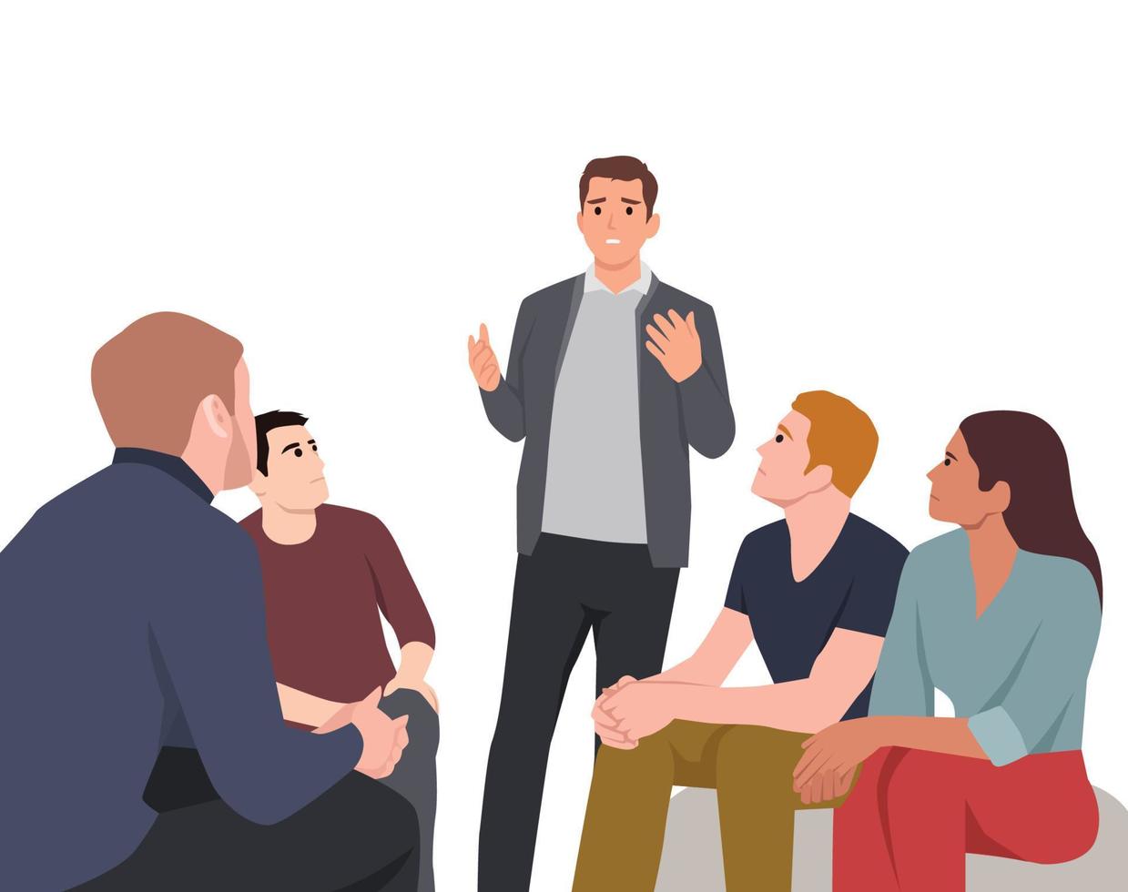 Group therapy session. Different people sitting in circle and talking. concept of group therapy counseling psychology, help, conversation vector