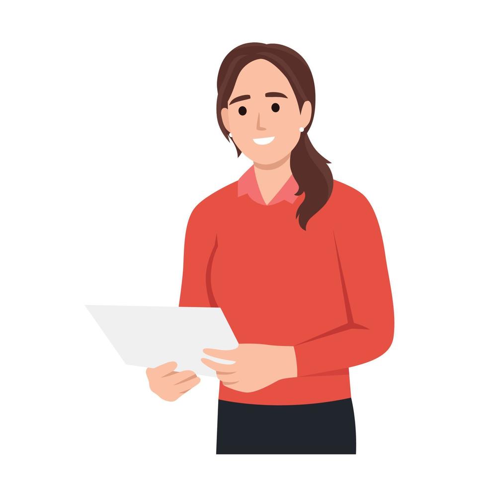 Woman reading paper document and speech bubble with info sign. Concept of professional guide, manual or instruction, counselor providing information. vector