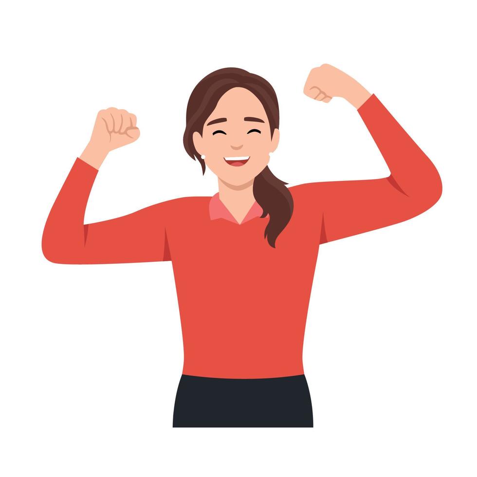 victorioso gesto de contento confidente mujer expresando positivo emoción. exitoso sonriente hembra personaje demostración fuerza con puños arriba. vector