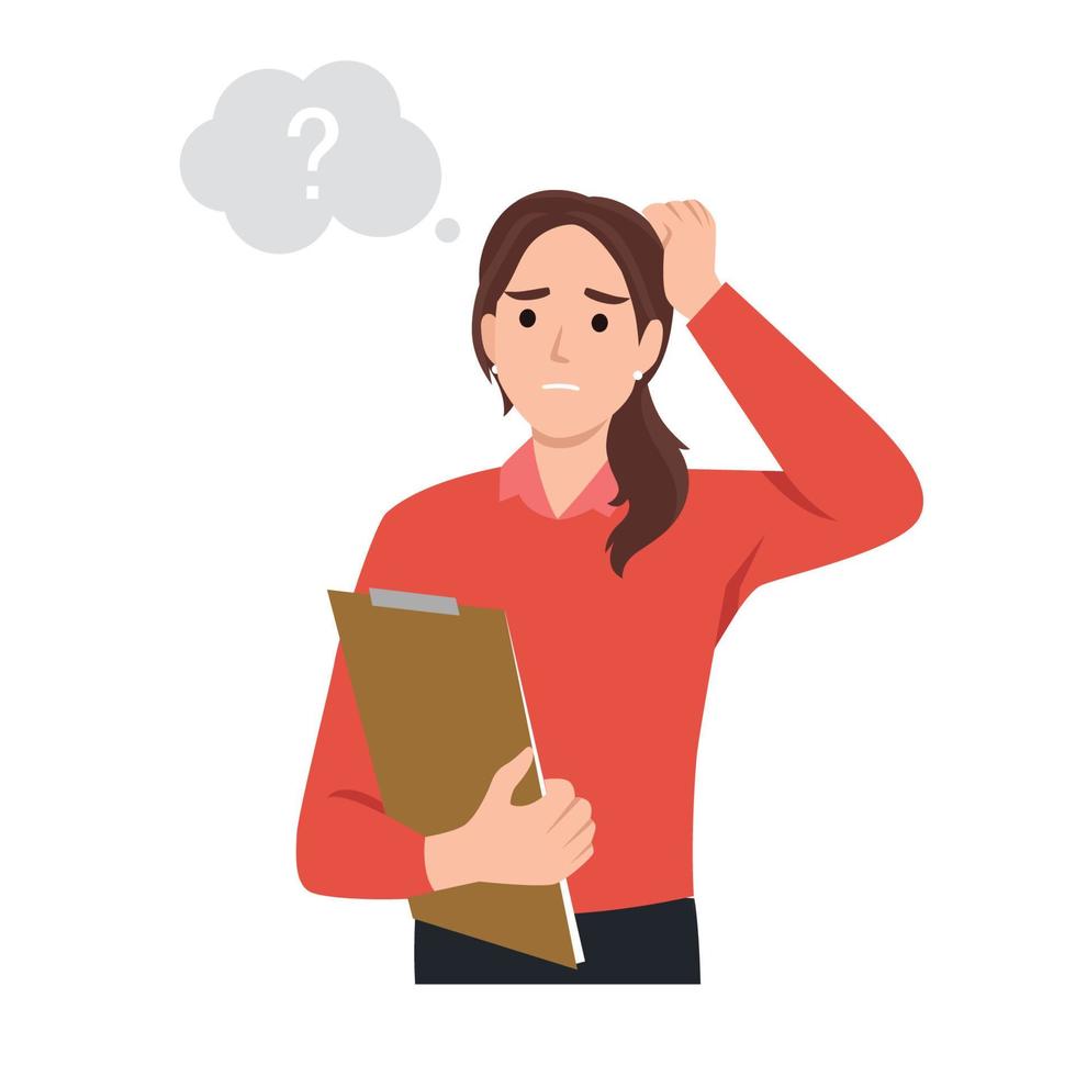 Young woman scratching her head. Puzzled girl scraping hair, feeling