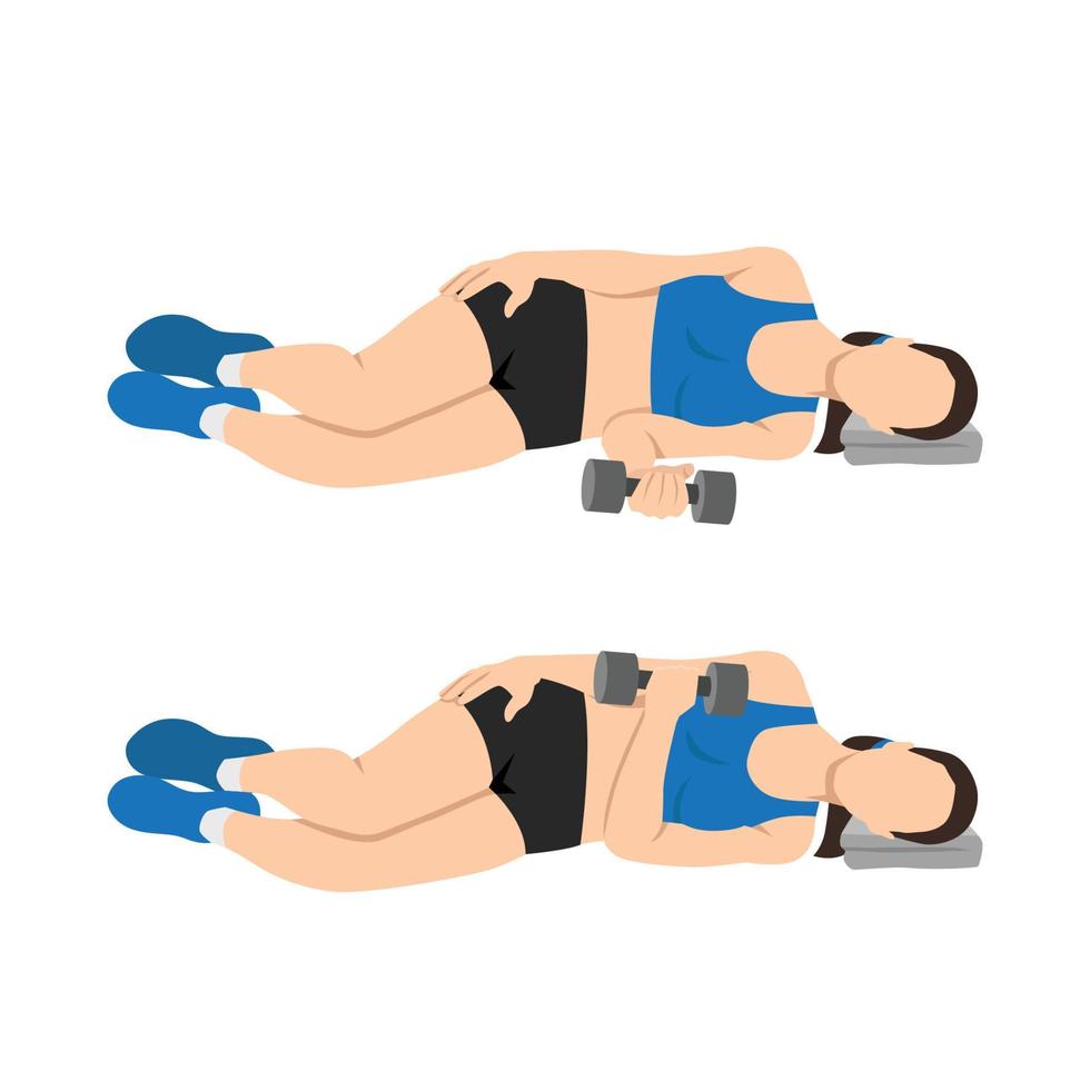 Woman doing laying dumbbell internal shoulder rotation. vector