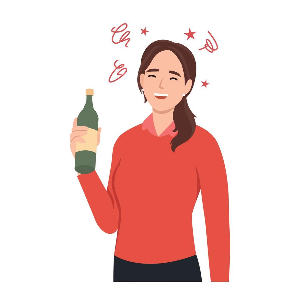 Drunk woman with alcohol bottle in her hand flat design. Drinking beer after work. Alcohol addiction. Flat vector illustration isolated on white background