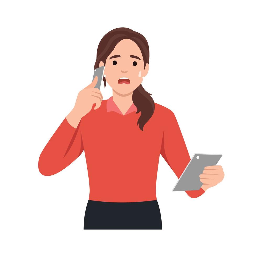 Shocked young woman talking on the smart phone or mobile phone scared in shock with a surprise face. Amazed frowning female calling holding tablet vector