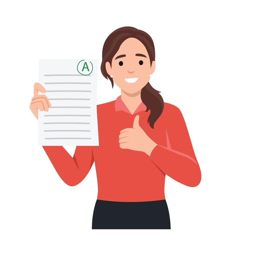 Perfect education marks success concept. Smiling happy girl cartoon character standing holding document test in school or university with perfect excellent mark vector