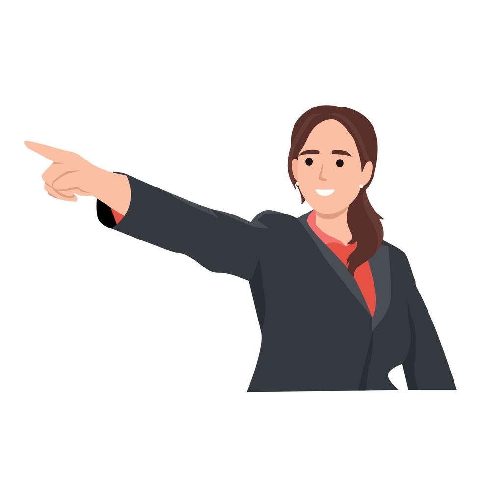 Happy business woman pointing hand to copy space away. Business woman presenting or introducing something. Advertisement or product presenting concept vector