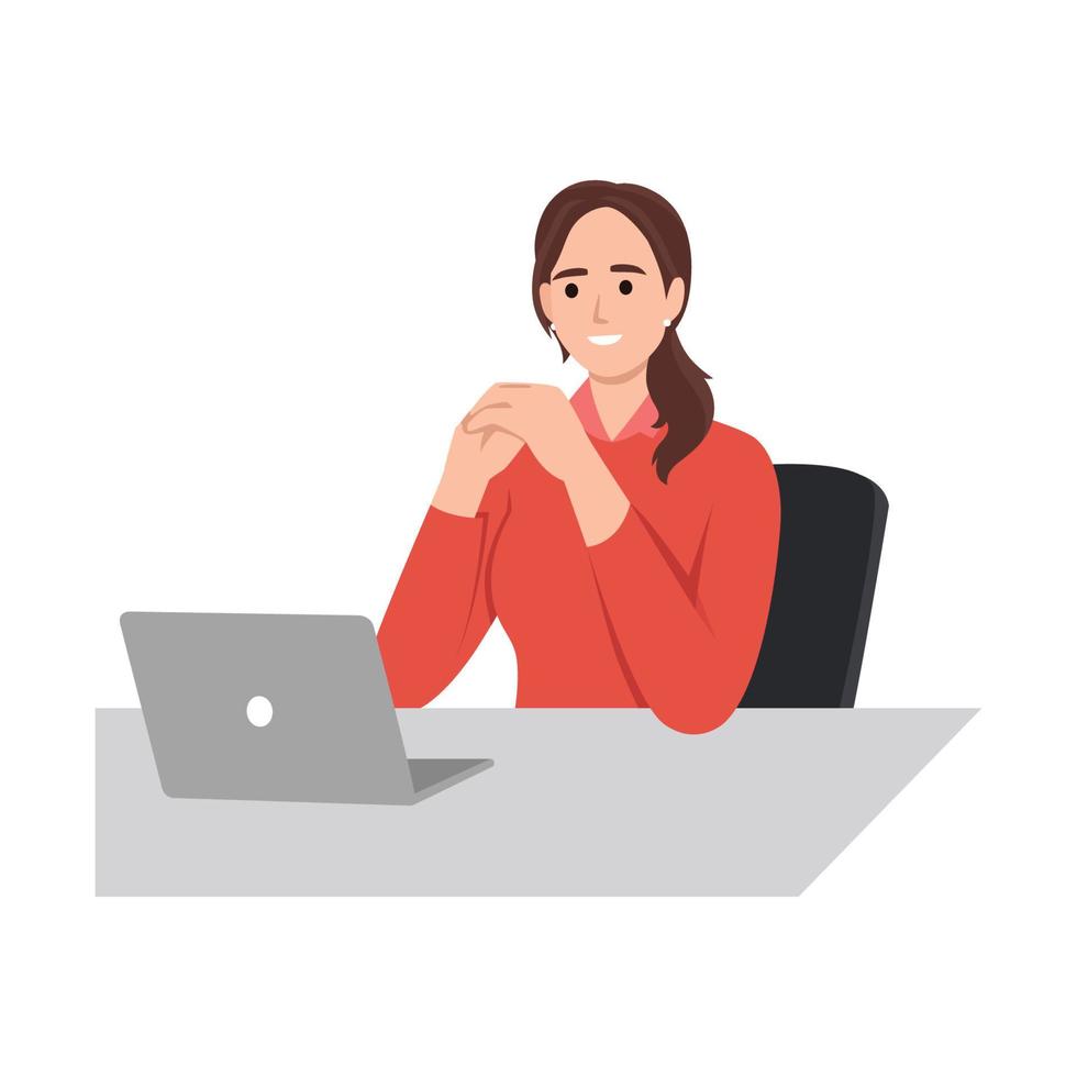 A woman is sitting at a desk table and looking at a laptop vector