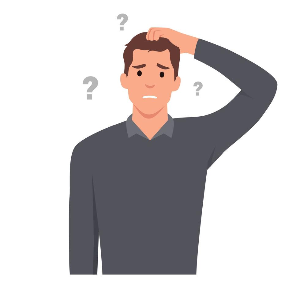 Young man cartoon character Confused in Casual wear scratching his head. Unhappy man in puzzled expression. vector