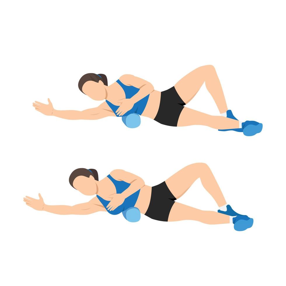 Woman doing foam roller lat stretch exercise. vector