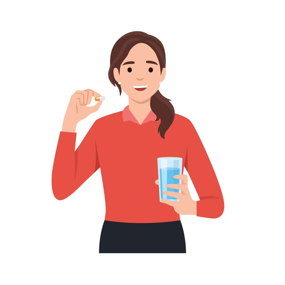 Young caucasian woman taking pills. Healthy woman holding pills and glass of water in hands. Happy smiling woman taking pills. Healthy lifestyle concept. vector