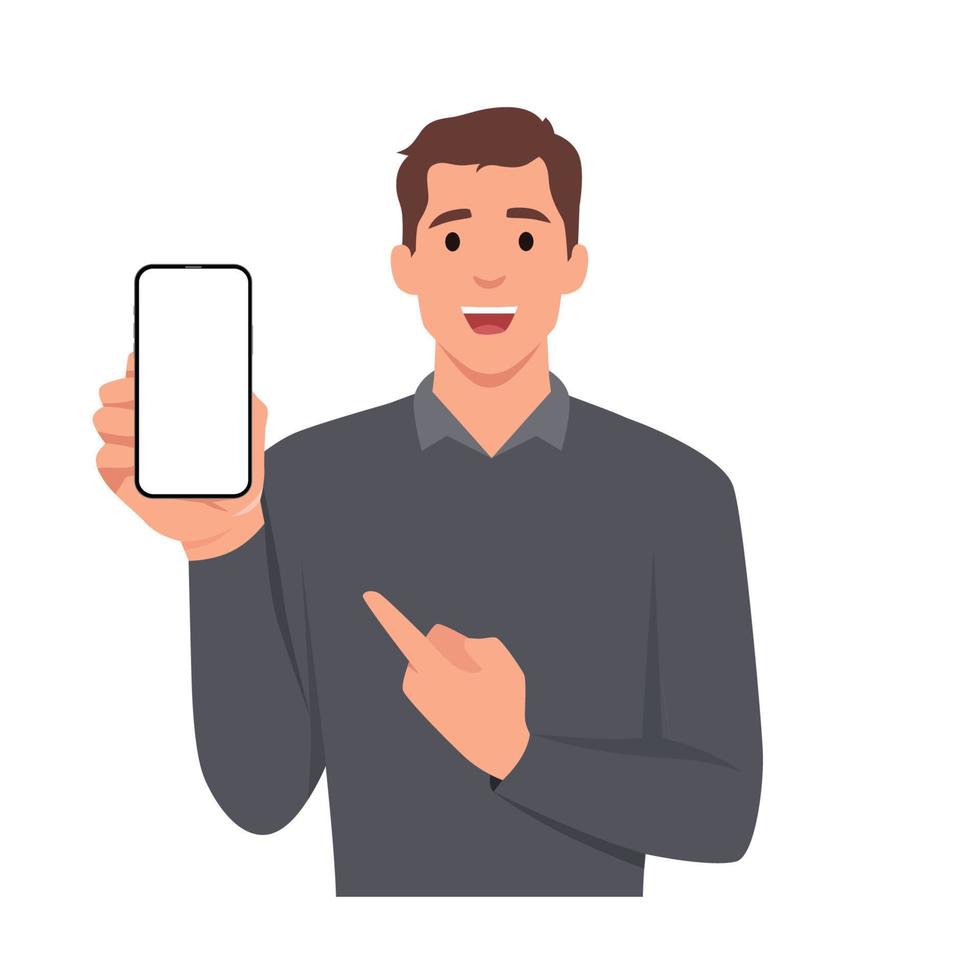Stylish young businessman in vest suit showing blank mobile, cell phone and pointing finger. Trendy person holding smartphone screen vector