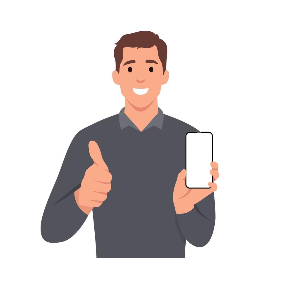 Happy young man showing smartphone and showing thumbs up or like sign. Mobile phone technology concept vector