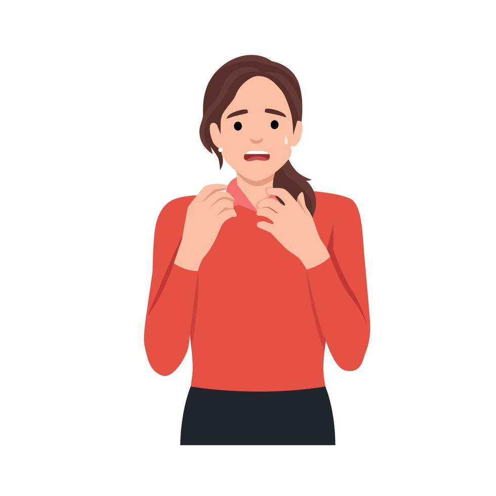 Being worried and stress concept. Portrait of attractive cute scared worried young girl cartoon character biting nails feeling stressed vector