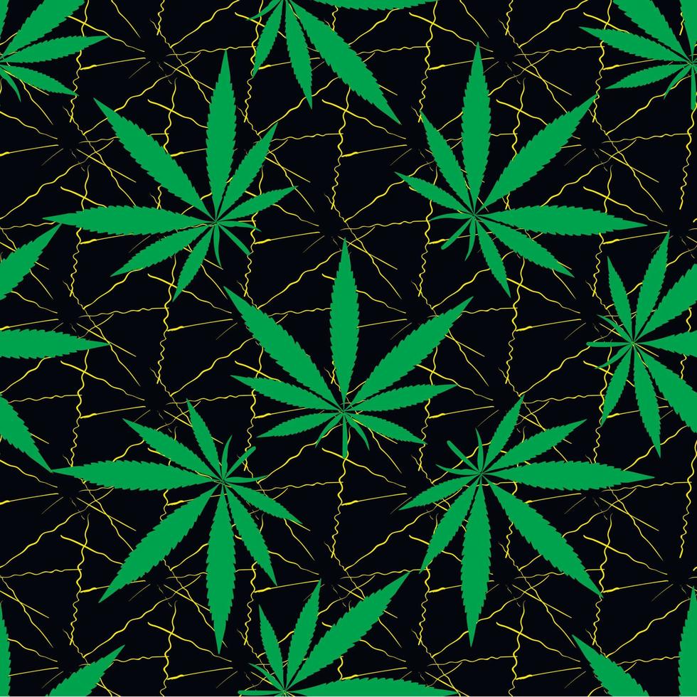 cannabis seamless pattern for printing on fabric men's women's clothing t-shirts dresses textiles green juicy abstract bright, on a black background tropical linens vector