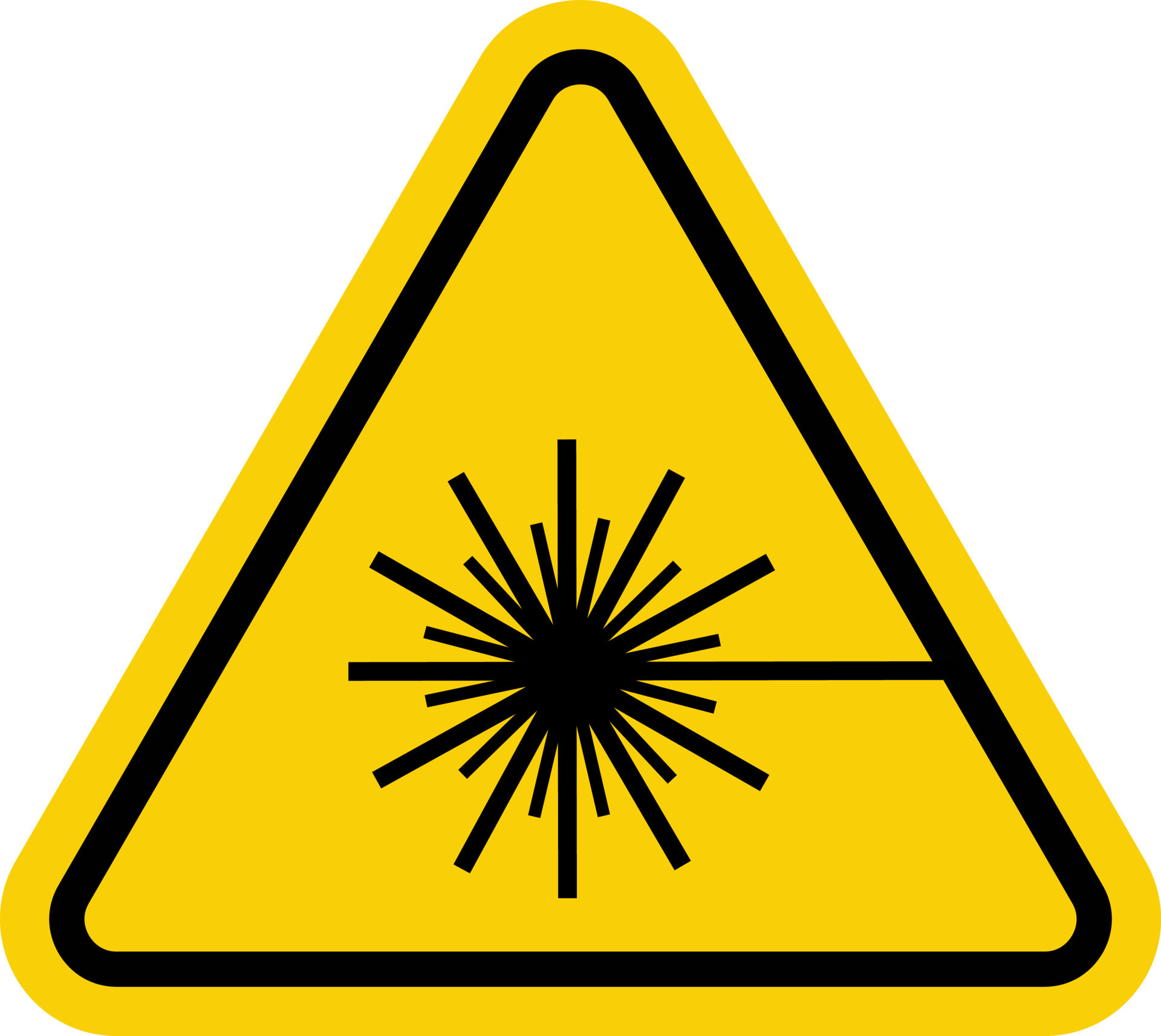 Laser hazard sign. Warning yellow triangle. Do not look into the laser