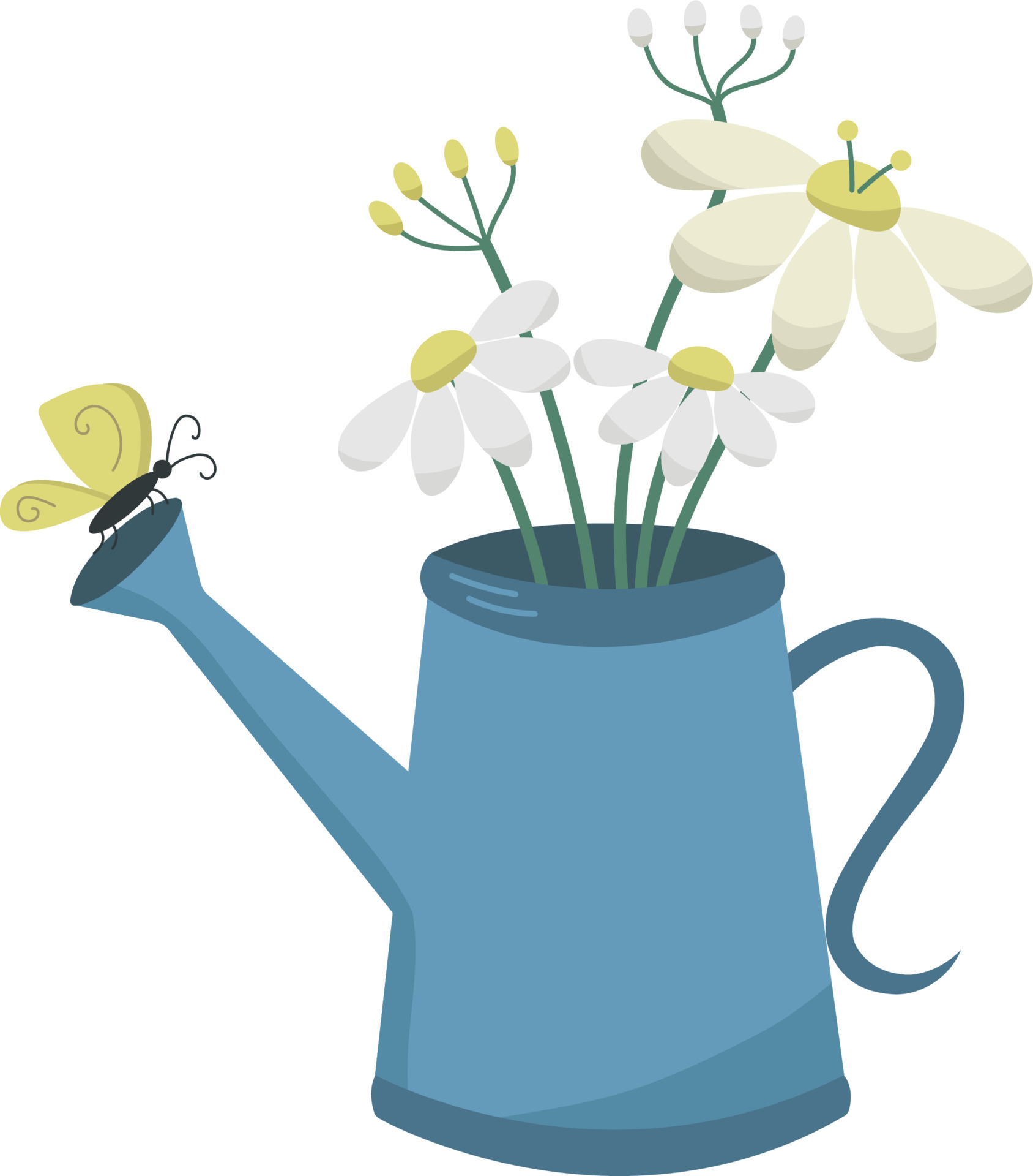 Hand drawn Cute Spring flower bouquet in watering can illustration on