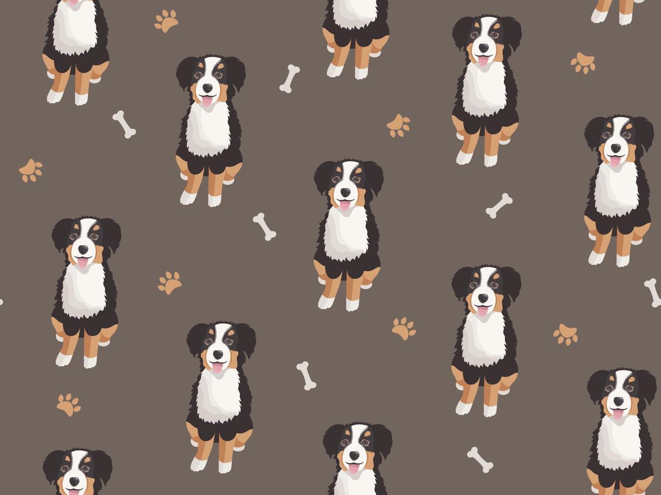 Seamless pattern with vector big cute cartoon Bernese mountain dogs sitting and smiling on dark background. Domestic happy pets
