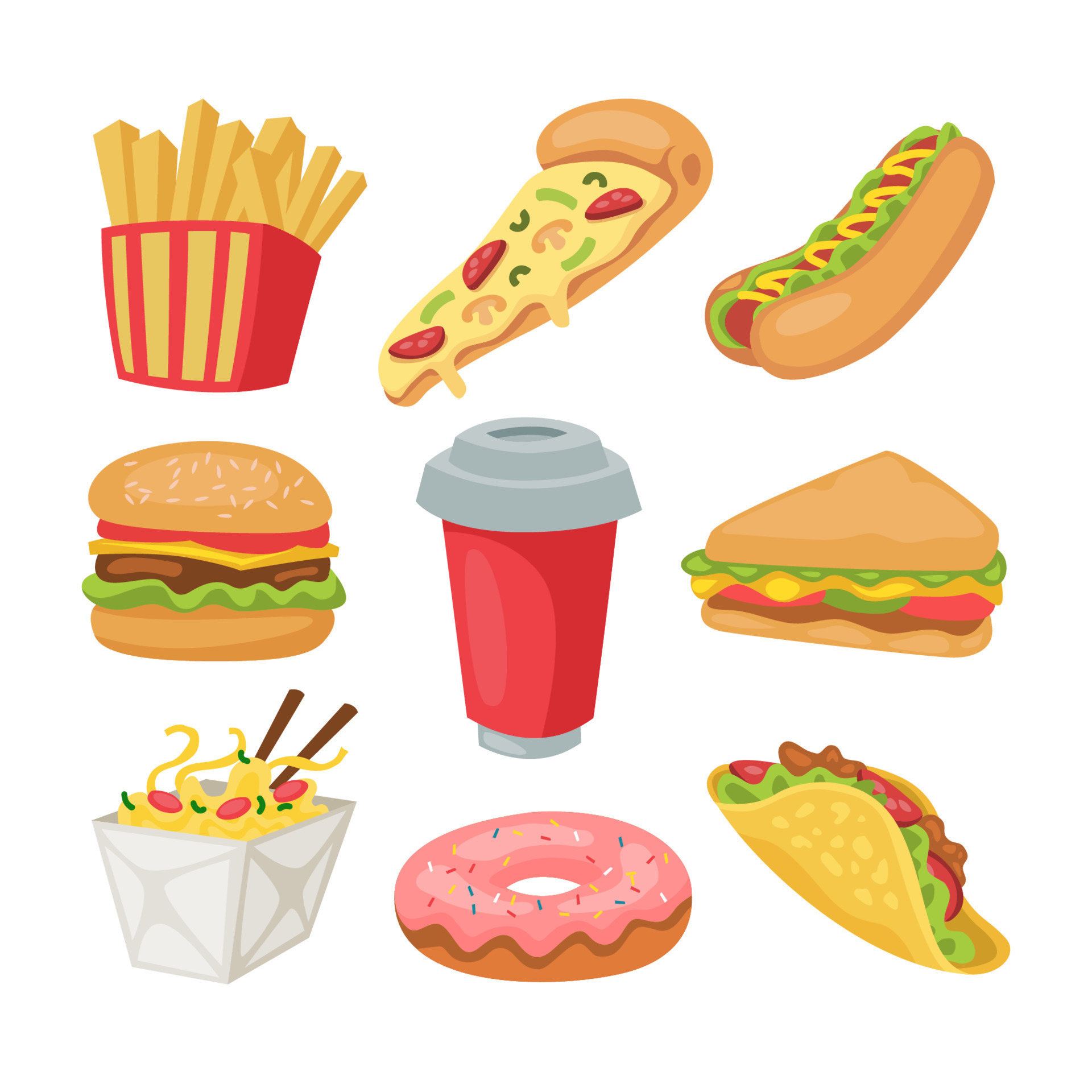 Fast Food Cartoon Set Illustration, Various Unhealthy Junk Food ...