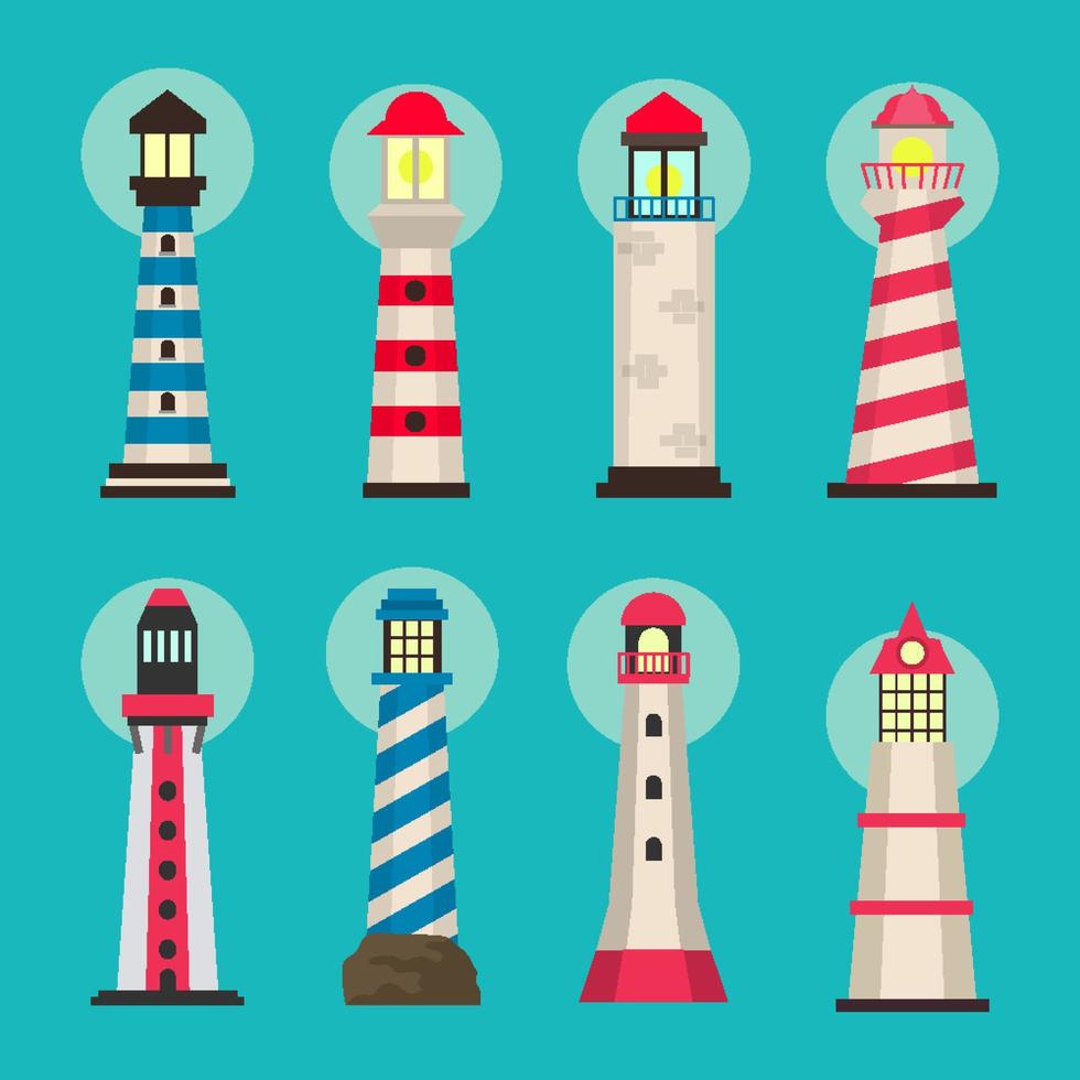 Various Lighthouse Tower Building Architecture Navigation Illustration with Flat Style vector