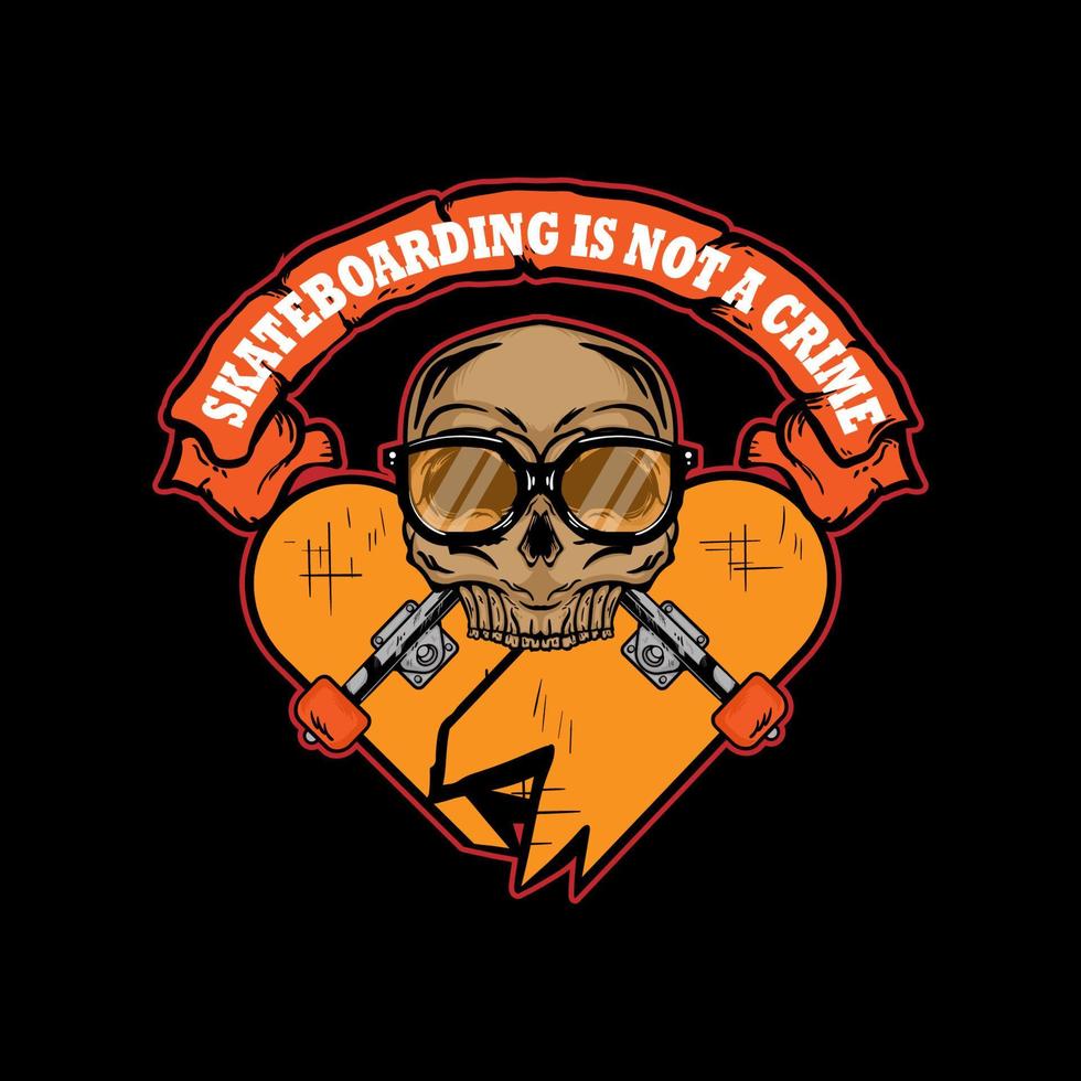 crushed skateboard forming a heart and skull, t-shirt print, vector illustration