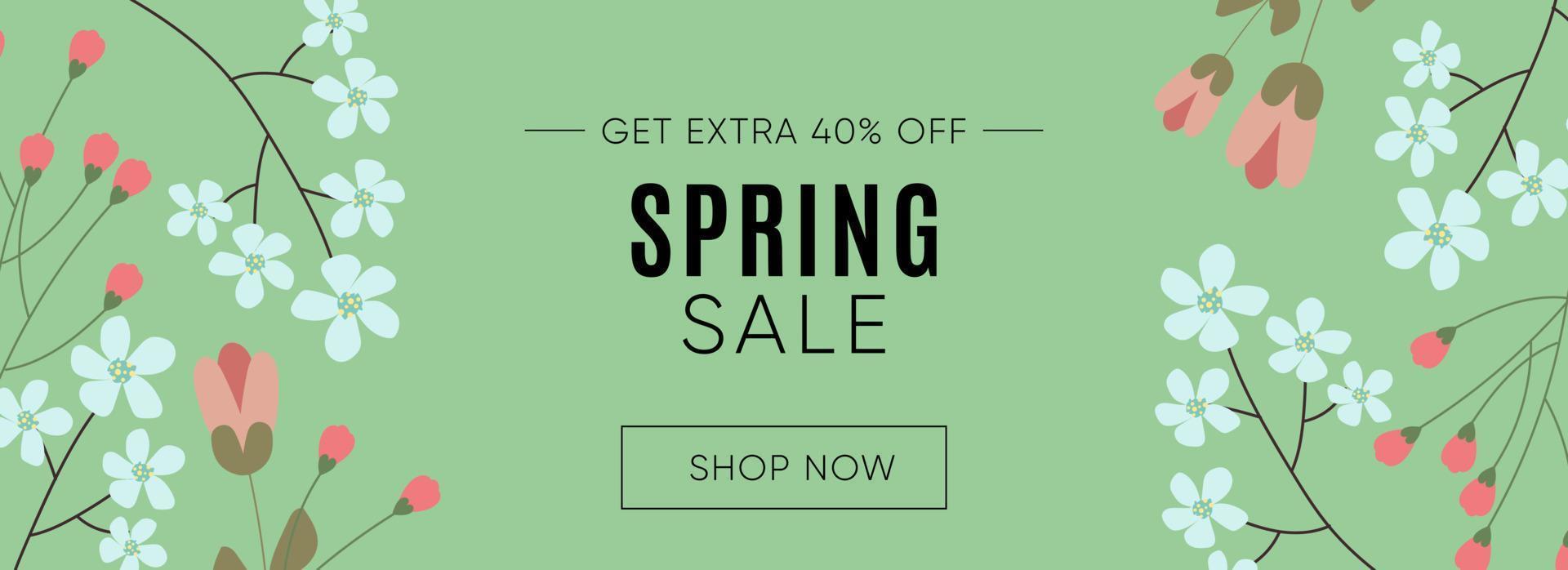 Spring Sale Header or Banner Design with Get Extra 40 Off with flowers on green Background. vector