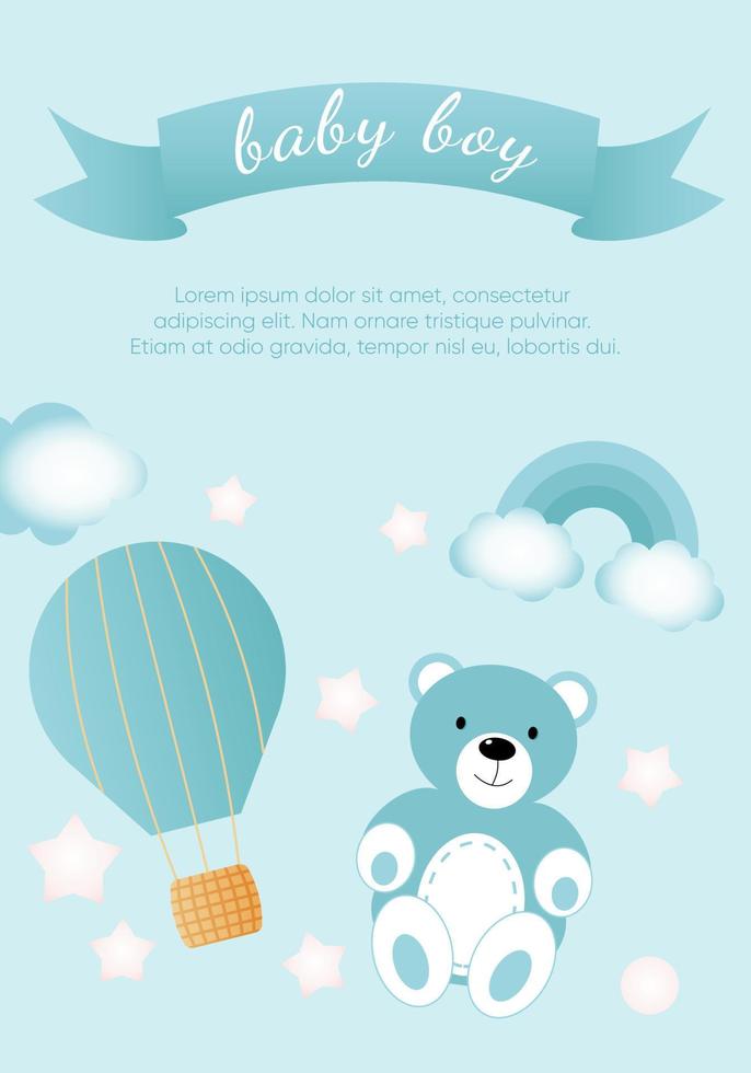 Baby shower banner with blue bear, clouds, stars, rainbow and balloon on blue background. It s a boy. vector