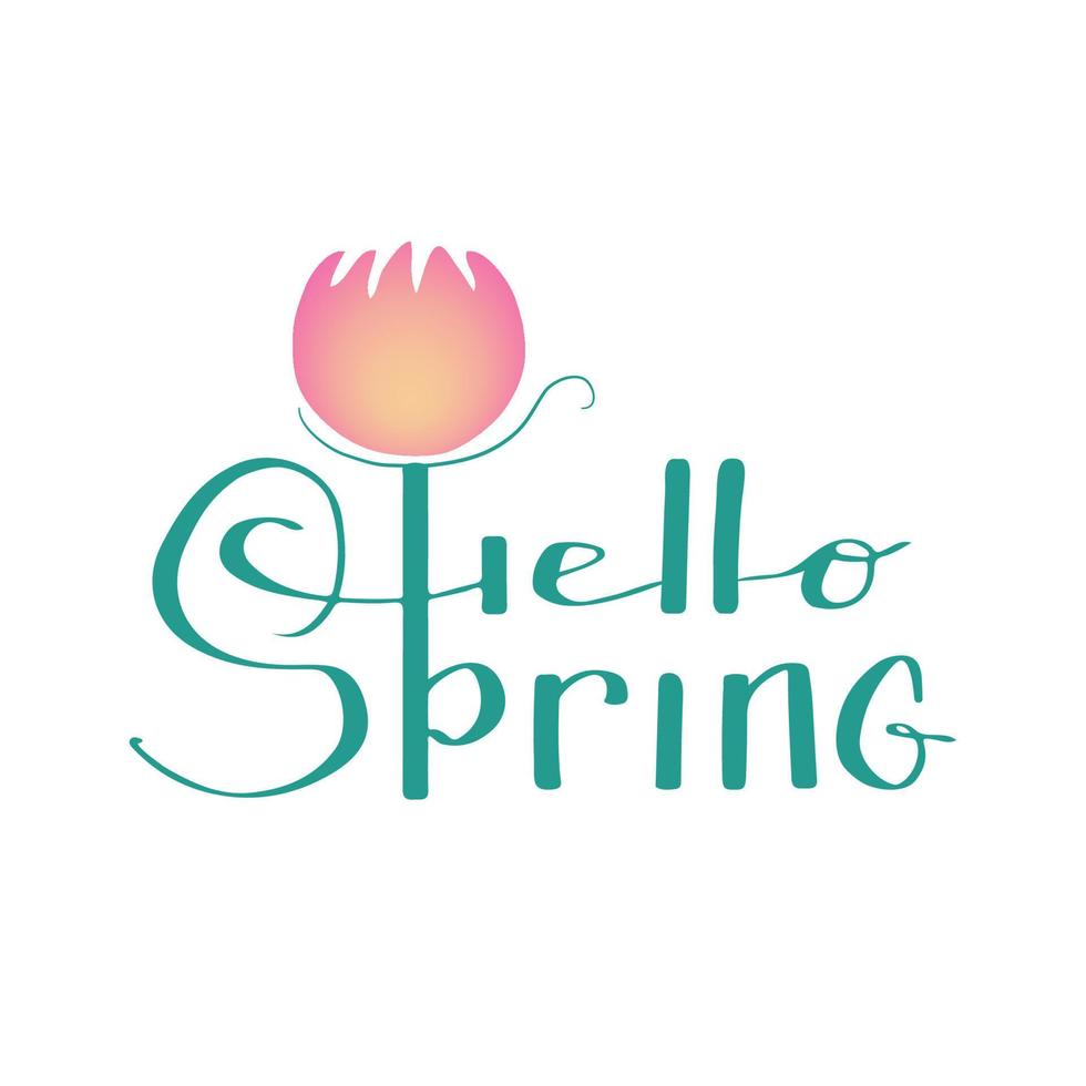 Hand drawn lettering Hello spring. Spring season advertising. Template with pink flower for gift card, sale banner, web, poster. Vector illustration isolated on white background