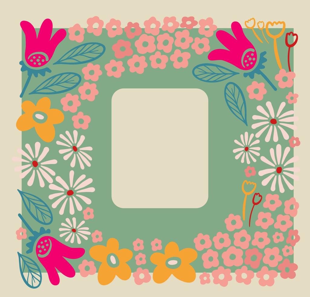 Vector backgrounds with flowers in trendy retro trippy style. Hippie 60s, 70s style. Yellow, orange, beige, green colors.