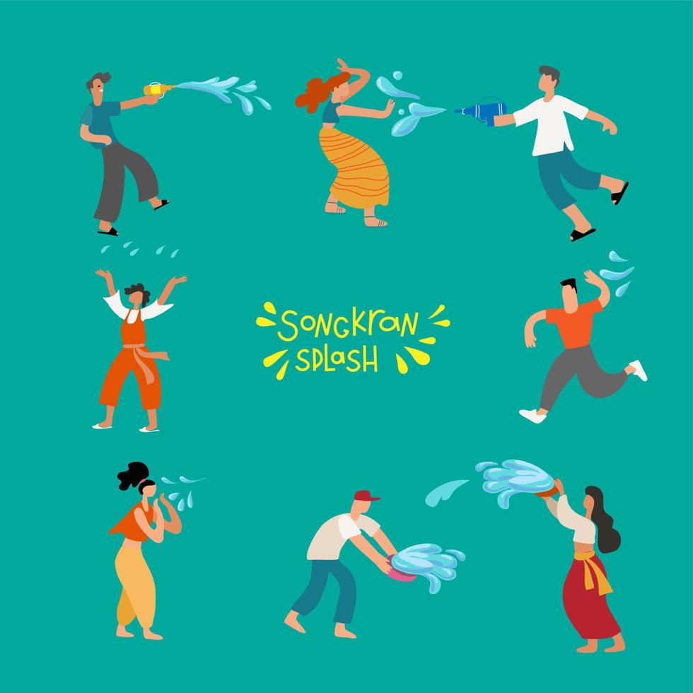 Set of People celebrates the Songkran festival Thailand Traditional New Year's Day by splashing water on each other. Vector Illustration