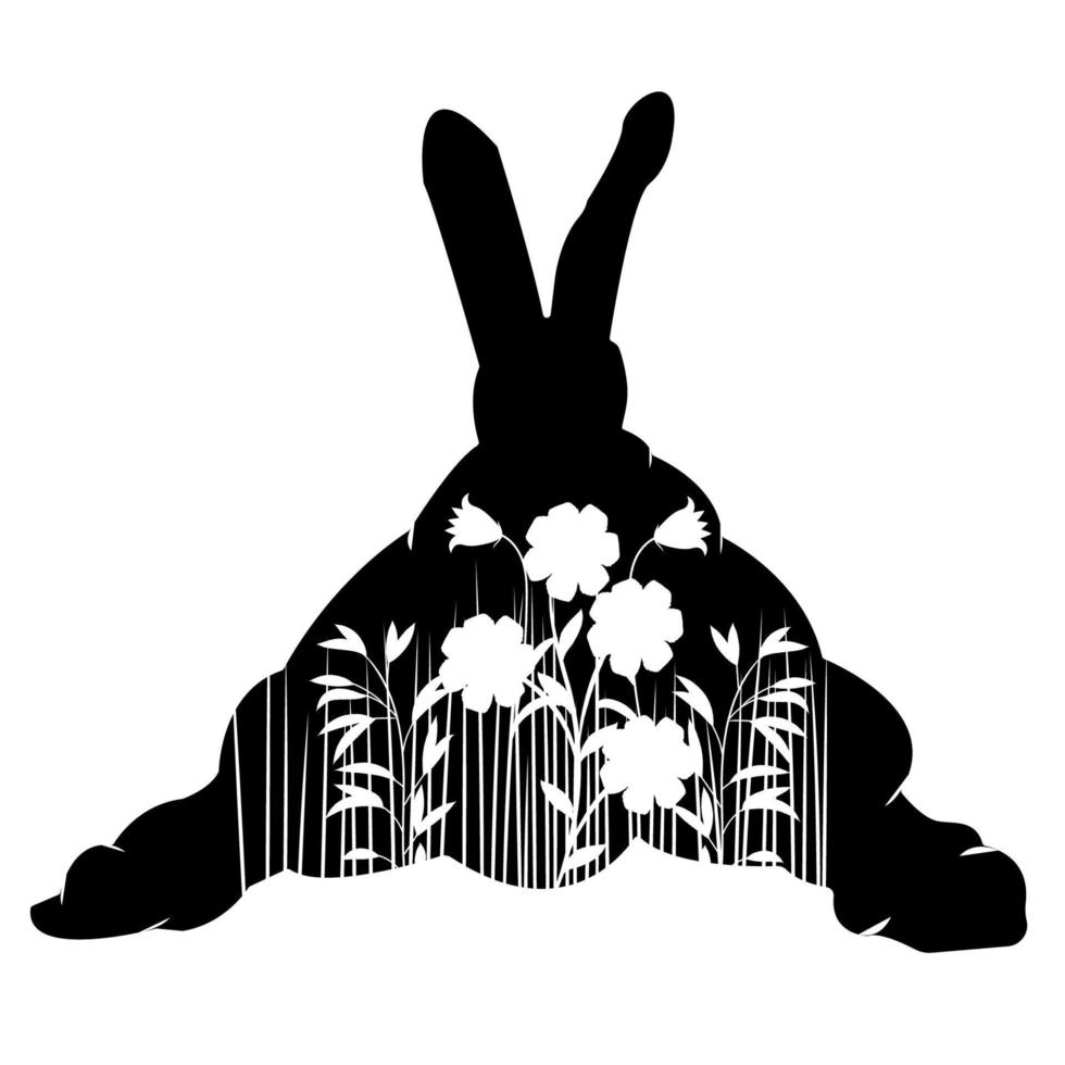 stencil rabbit lies in the grass and flowers vector