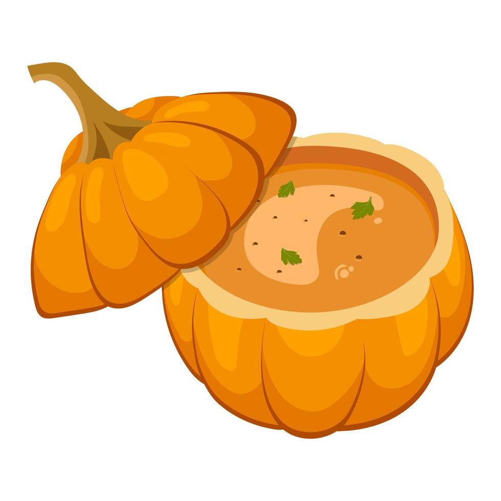 Pumpkin soup with millet, a beautiful serving in pumpkin. Vector illustration on a white background.